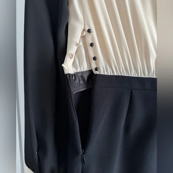 Zara Cream Black Pleated Long Sleeve Contrast Dress Size M (Runs Small) - Picture 7 of 13